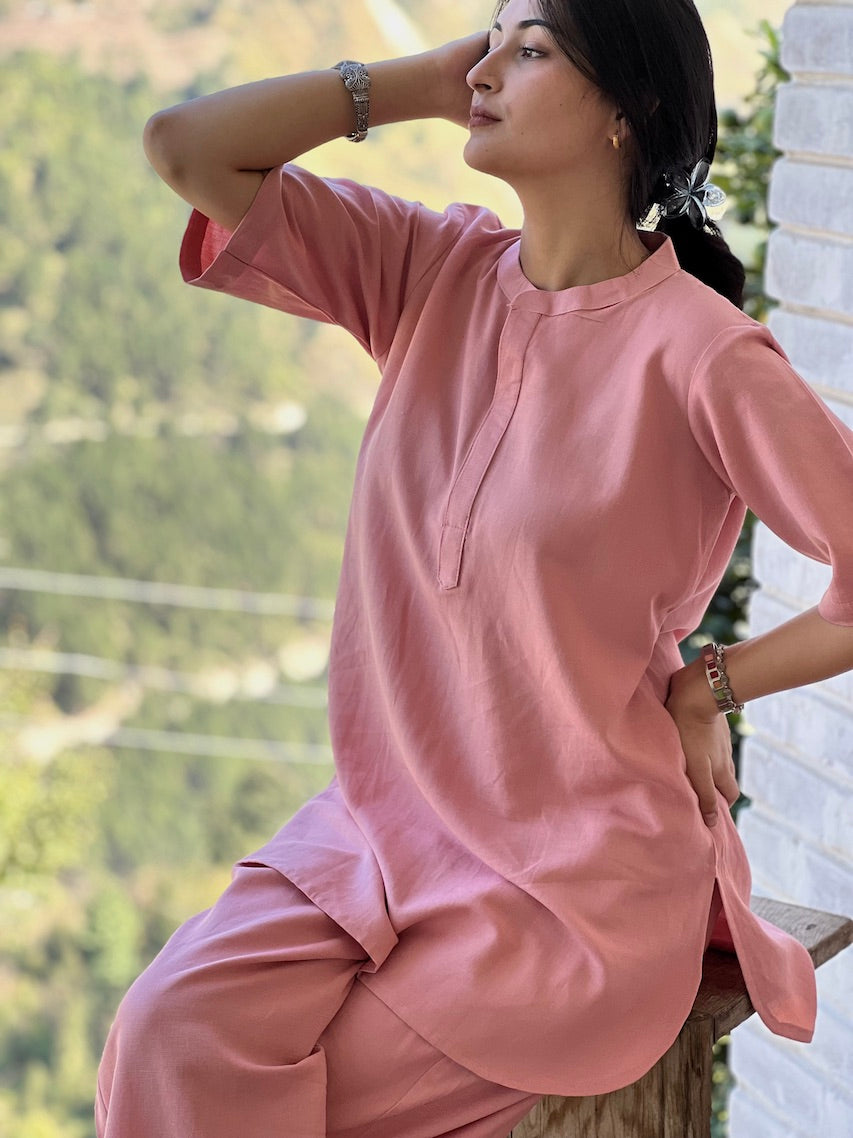 "Saanjh" - Onion Pink Relaxed Fit Cotton Co-ord Set