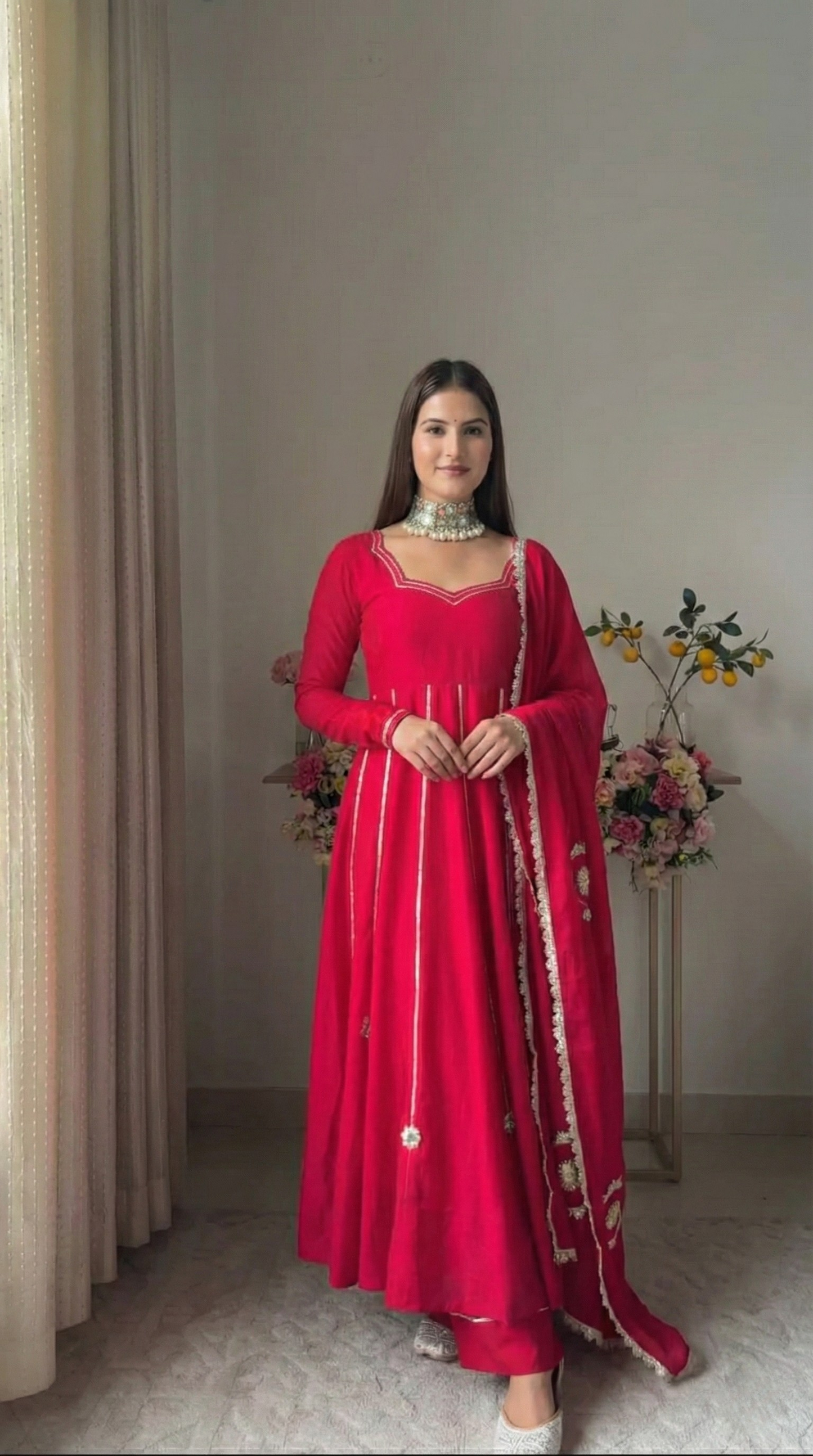 "Jyotsna" - Vibrant Red Full Flare Anarkali Suit Set with Gold Gota