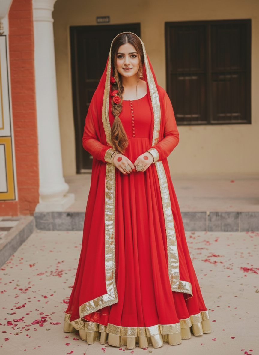 "Arushi" - Red Georgette Full Flare Anarkali Suit Set with Gold Gota