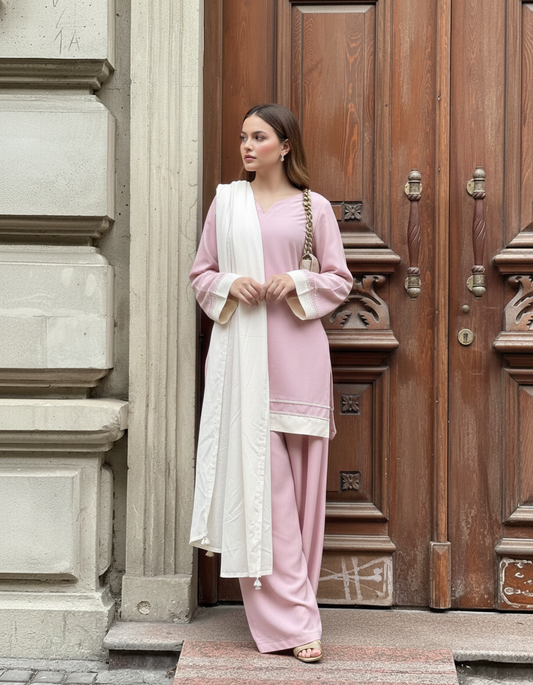 "Gulab" – Mauve Pink Premium Rayon Co-ord Set with Cream Lace Details
