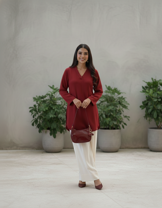 "Sia" — Crimson Red Premium Rayon Minimalist Co-ord Set