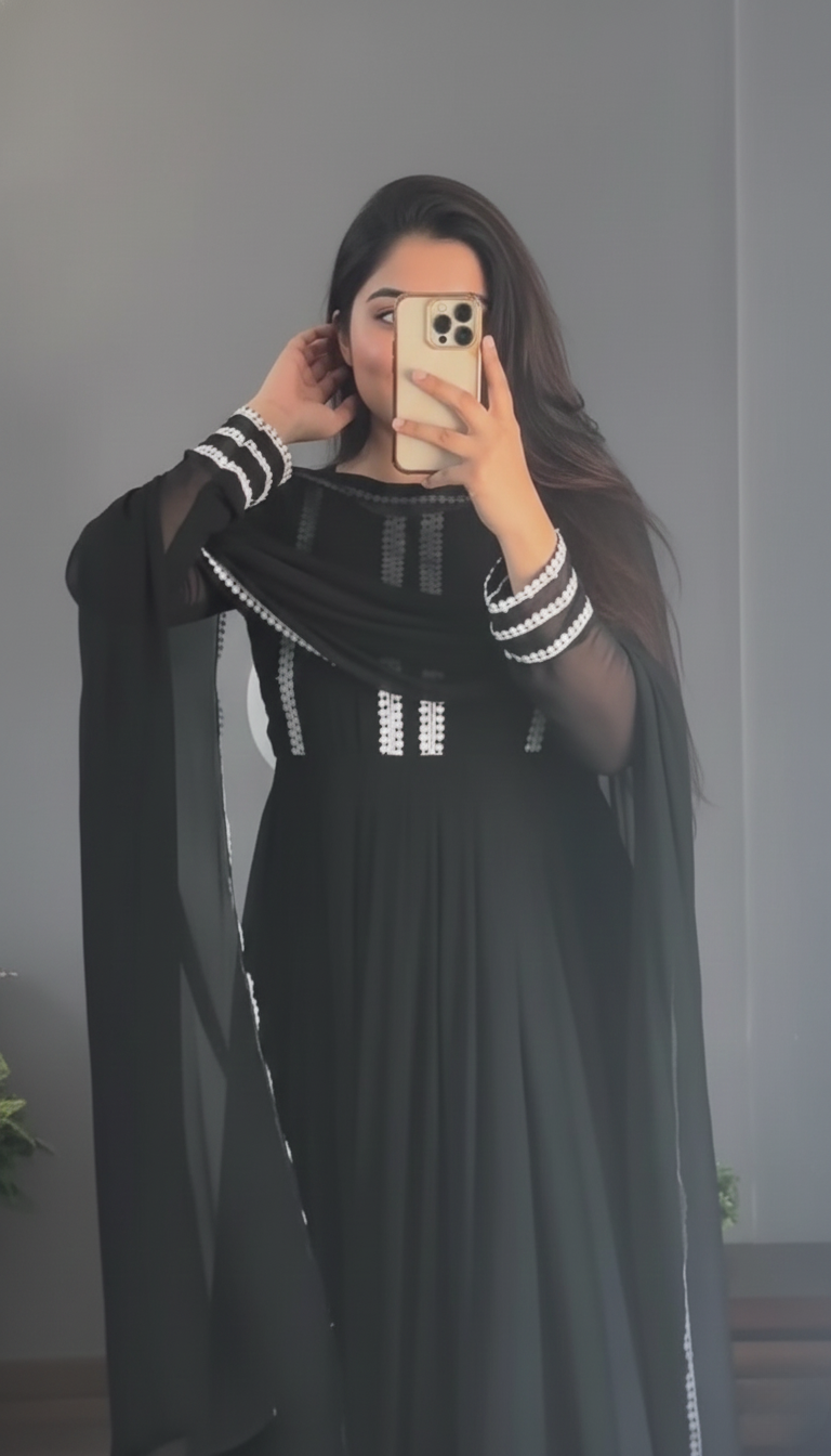 "Shyamaa" - Black Georgette Suit Set with Contrast Threadwork