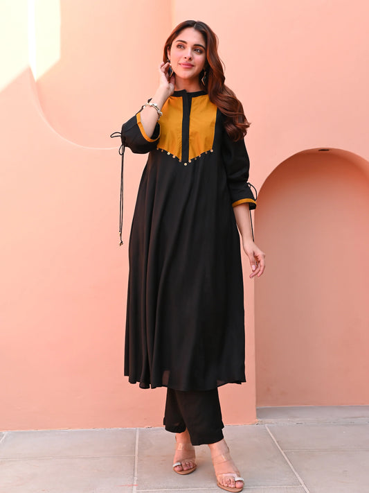 Aarvi Mustard-Panelled Black Cotton Kurta Set