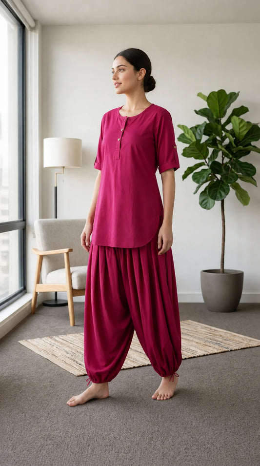 Woman wearing a magenta outfit standing in a room with a plant and lamp.
