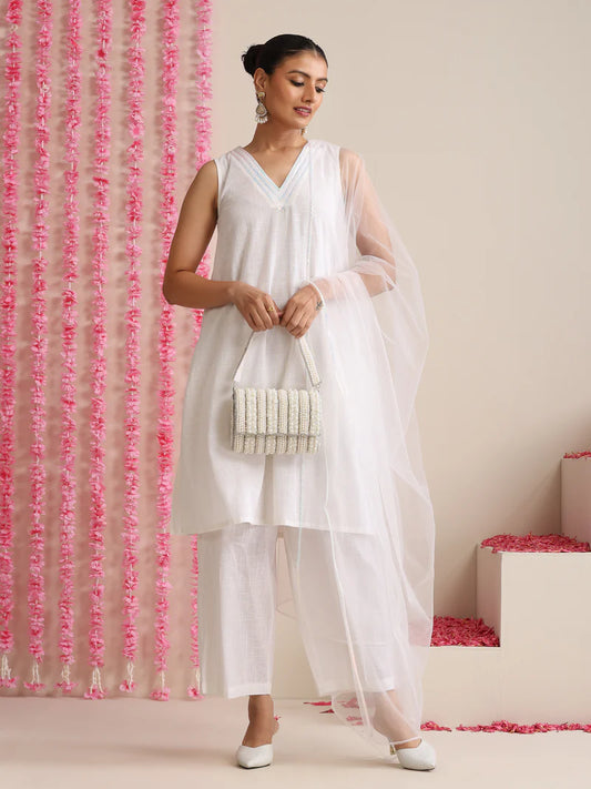 Ruhani Ivory Whisper – Cotton Slub Kurta Pant Dupatta Set