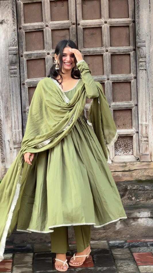 "Dhruvi" - Sage Green Cotton Anarkali Suit Set with Lace