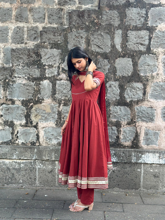 "Aradhana" - Rust Red Gota Border Anarkali Suit Set