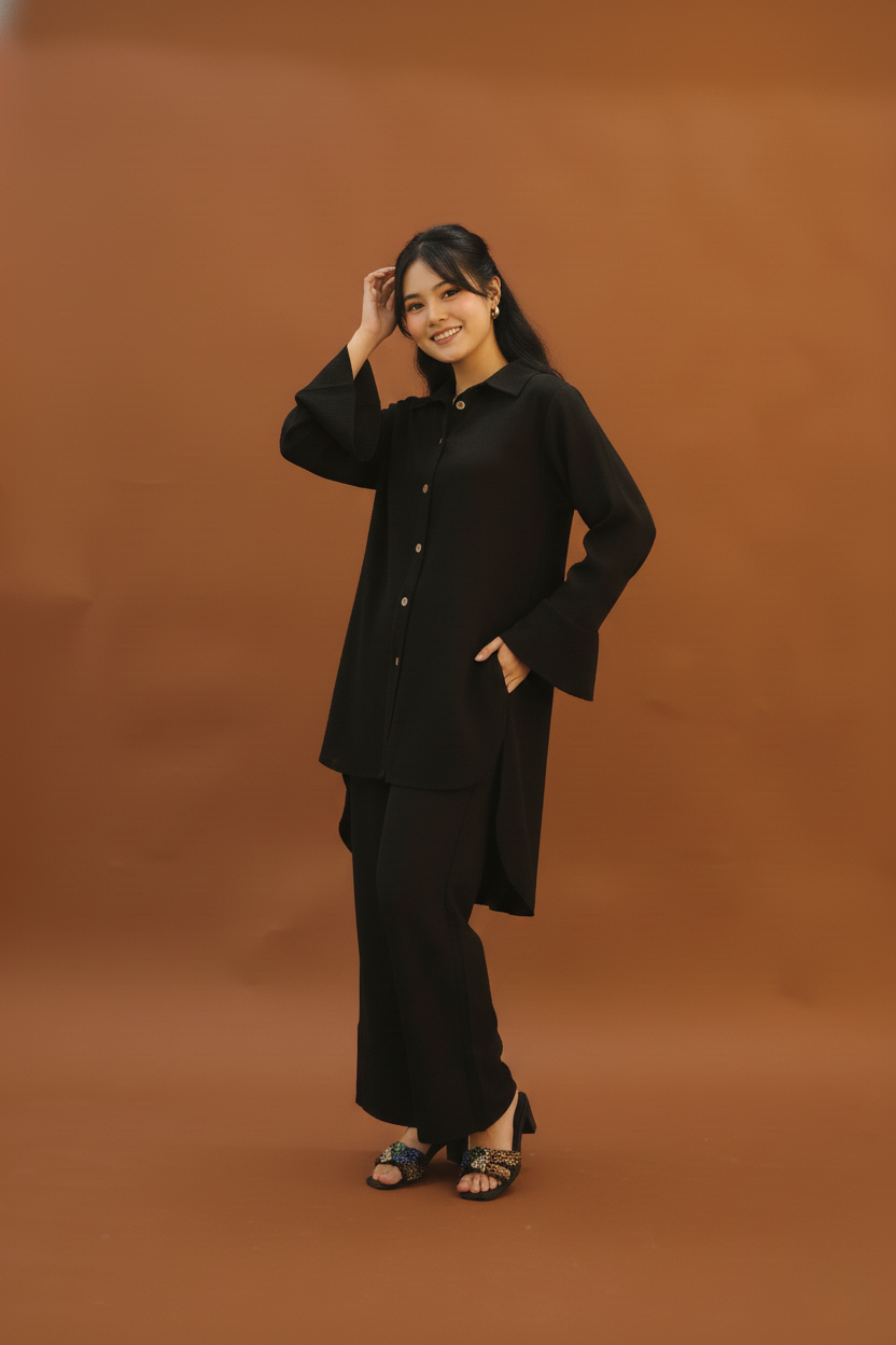 "Nura" – Midnight Black Premium Textured Co-ord Set with High-Low Tunic