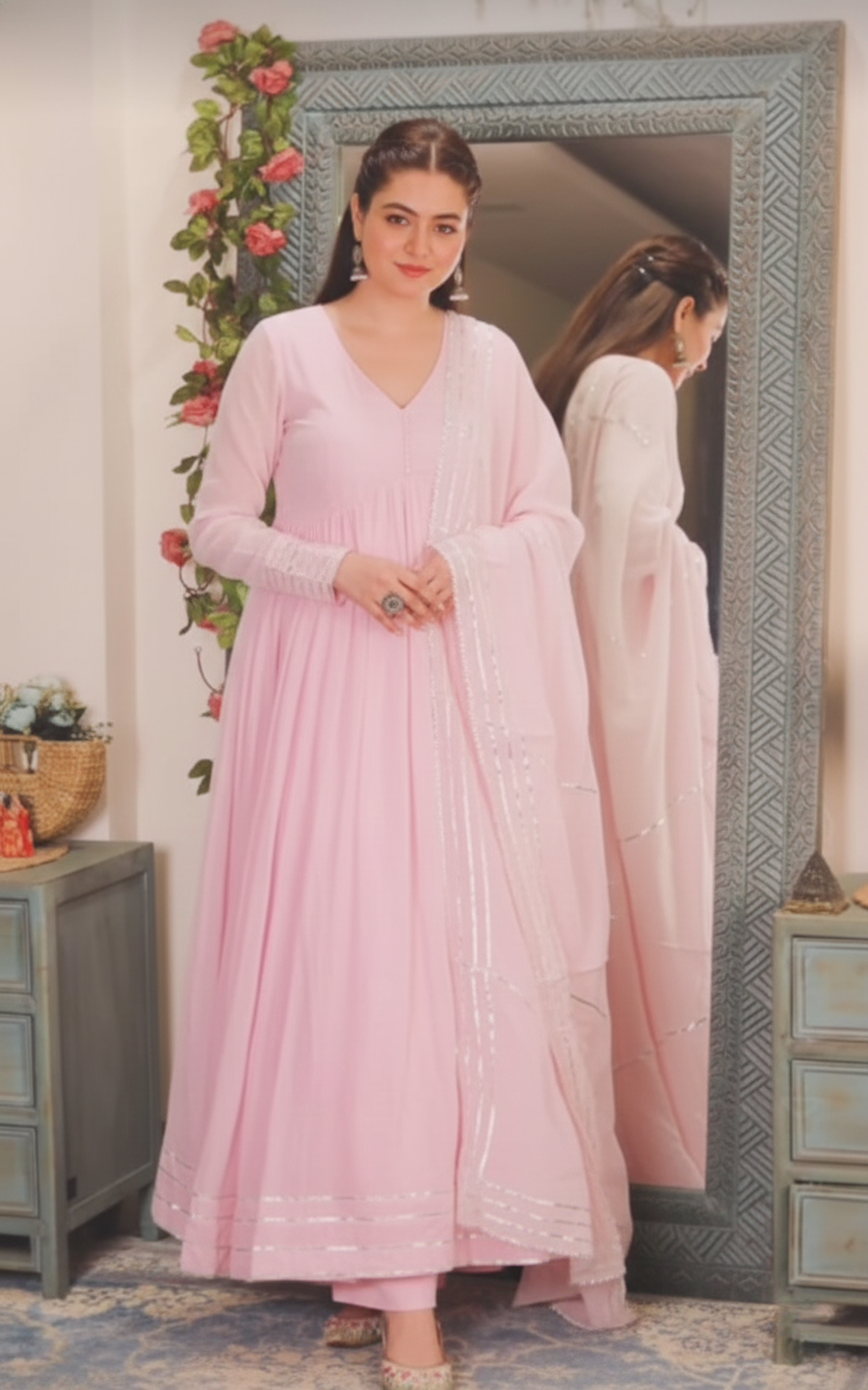 "Utsav" - Mal Cotton Full Flare Anarkali Suit Set with Silver Gota