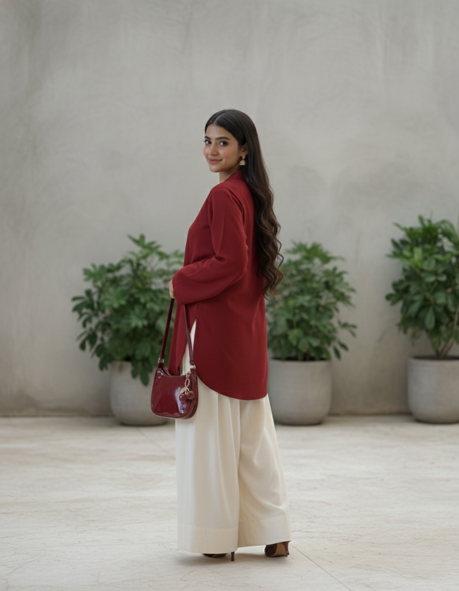 "Sia" — Crimson Red Premium Rayon Minimalist Co-ord Set