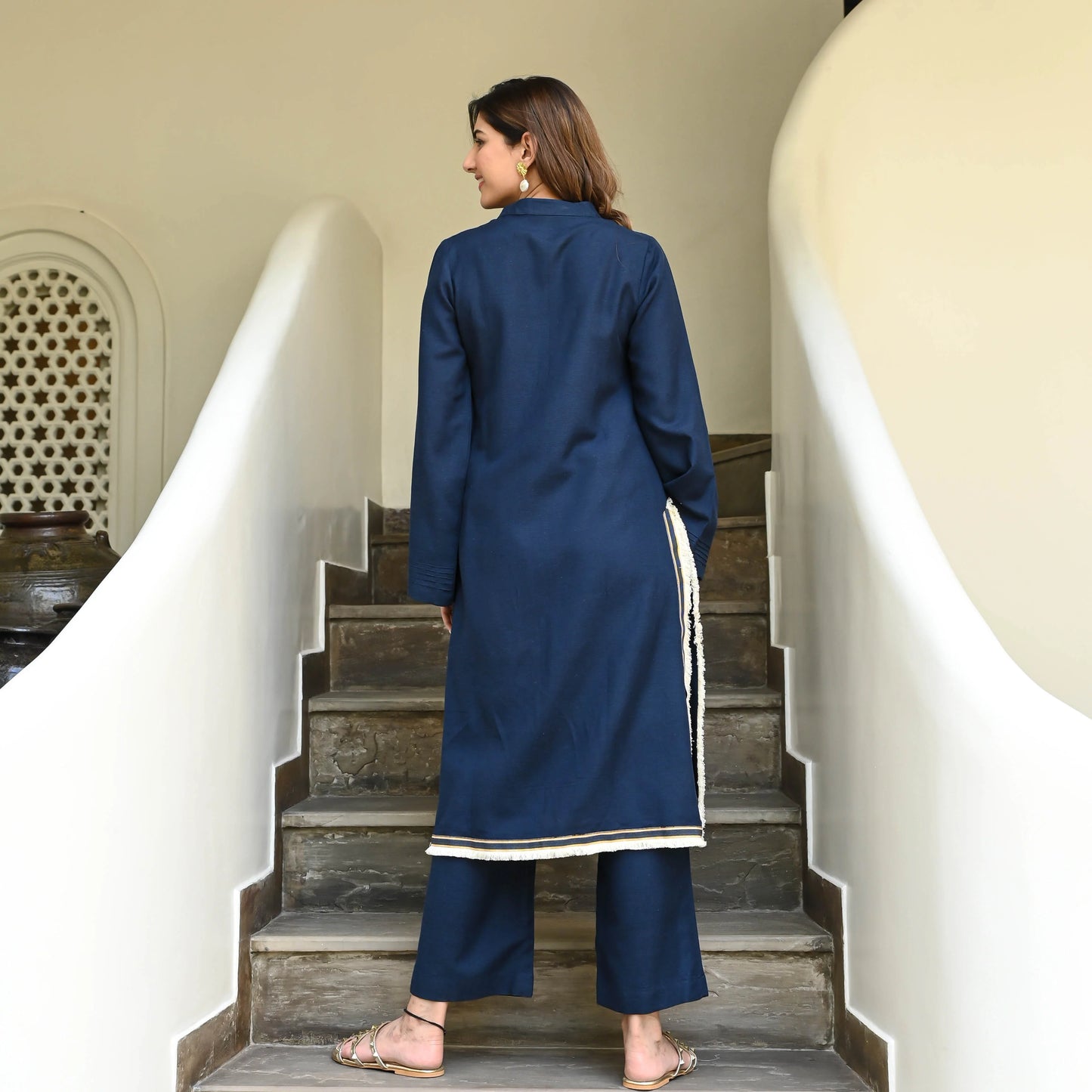 Vaidehi Navy Cotton Kurta Set with Daisy Lace Accents