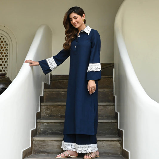 Nayra Navy Cotton Flex Co-ord Set with Lace Collar & Cuff