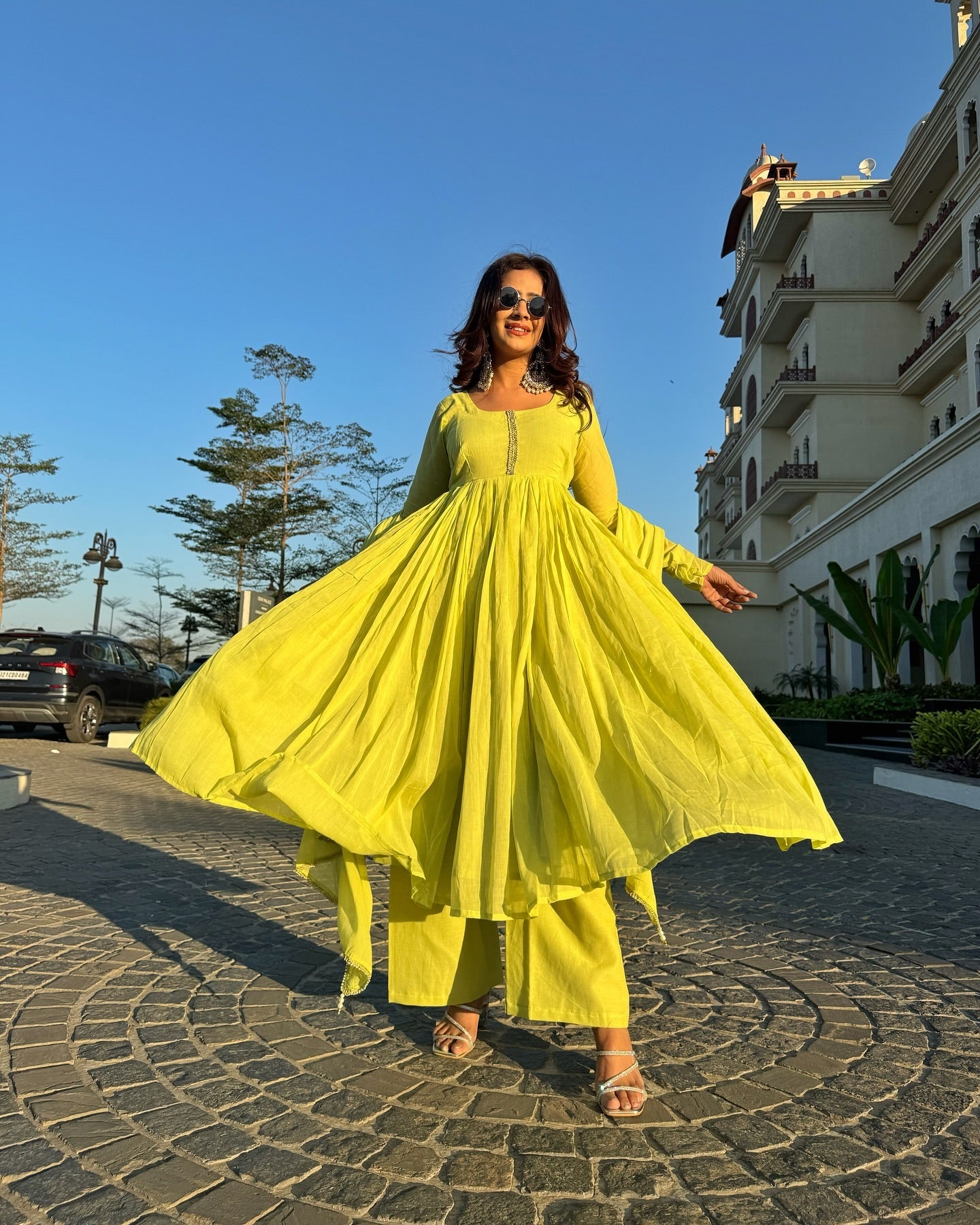 Ishya Lemon Yellow Cotton Lined Kurta & Palazzo Set with Kota Doria Dupatta