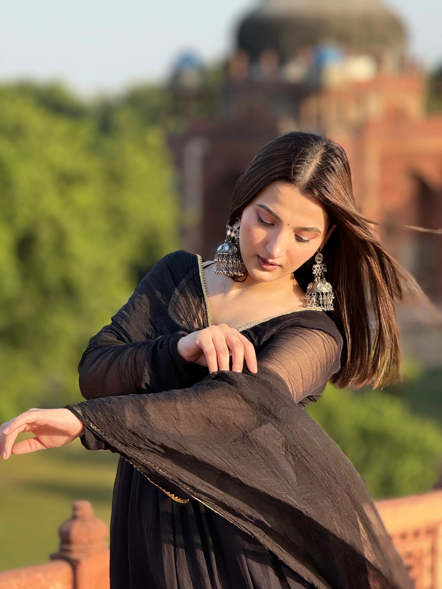 "Maya" - Captivating Black Chiffon Anarkali Suit Set with Gold Accents