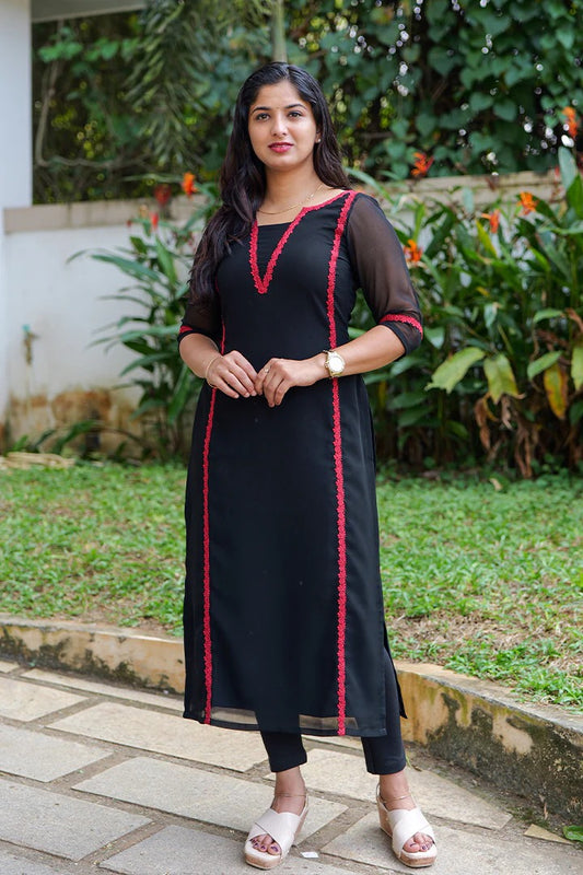 "Nidra" - Jet Black Premium Georgette Suit Set with Ruby Red Lace