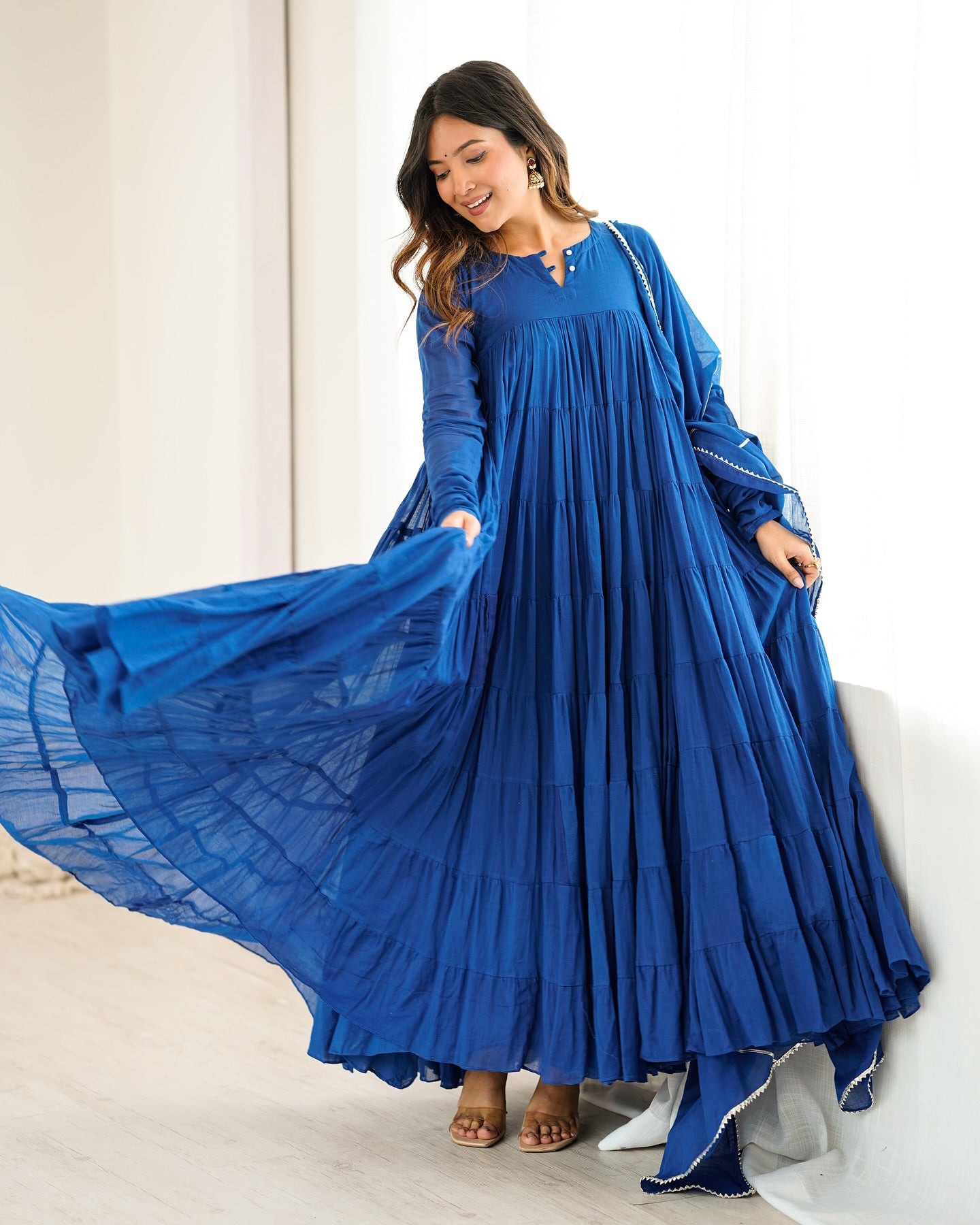 "Indraneel" - Royal Blue Mal Cotton Tiered Anarkali Suit Set