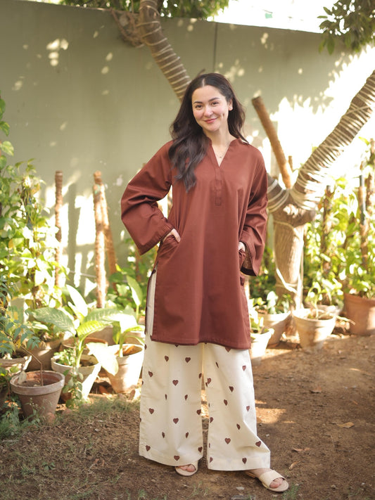"Hridaya" - Rust Earth Rayon Tunic & Heart-Motif Palazzo Set