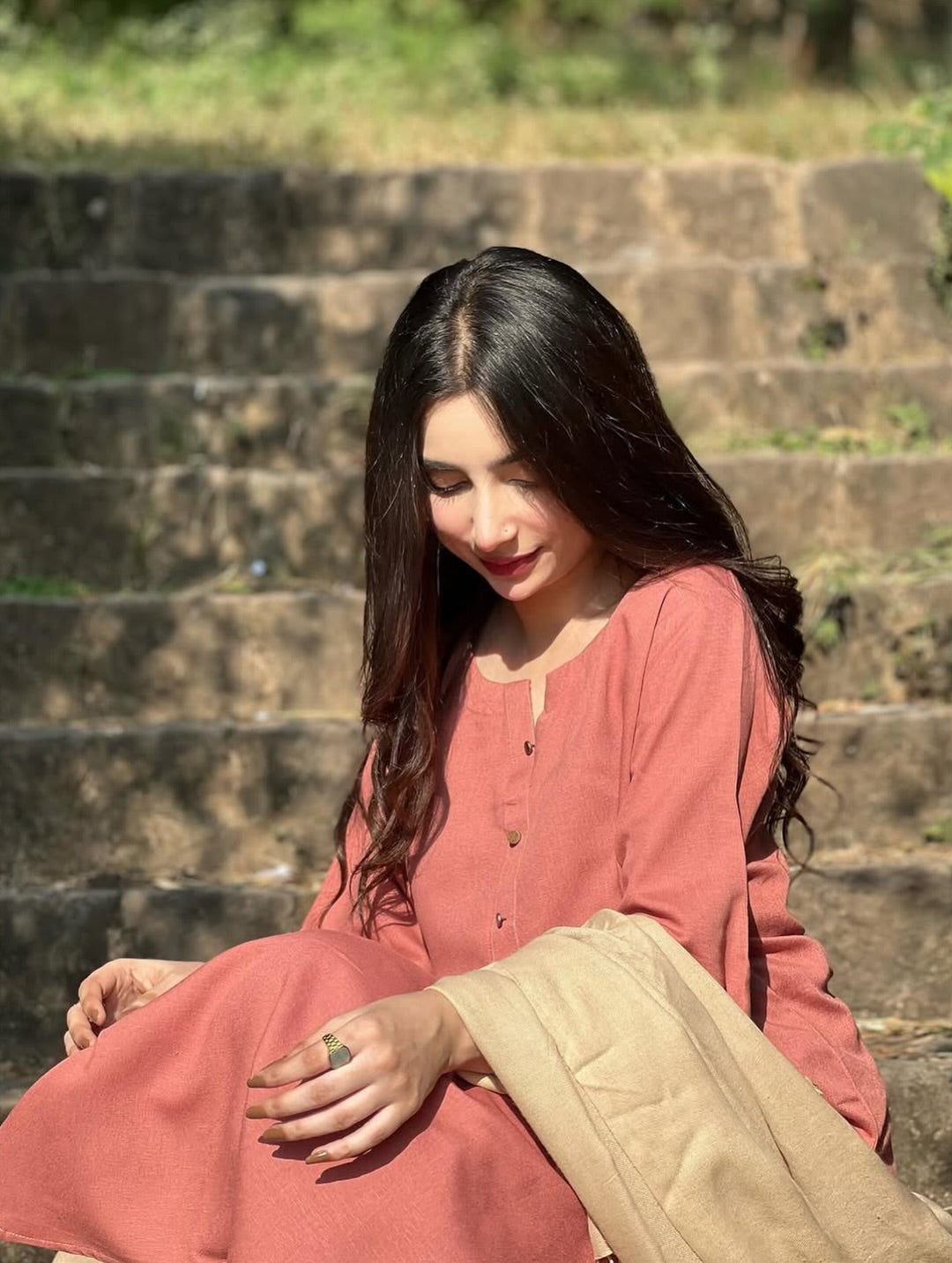 "Ayeza" — Dusty Rose Premium Rayon Kurta Set with Bishop Sleeves