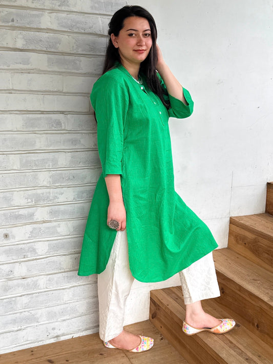 "Alia" - Fresh Green Cotton Kurta with White Pant Set