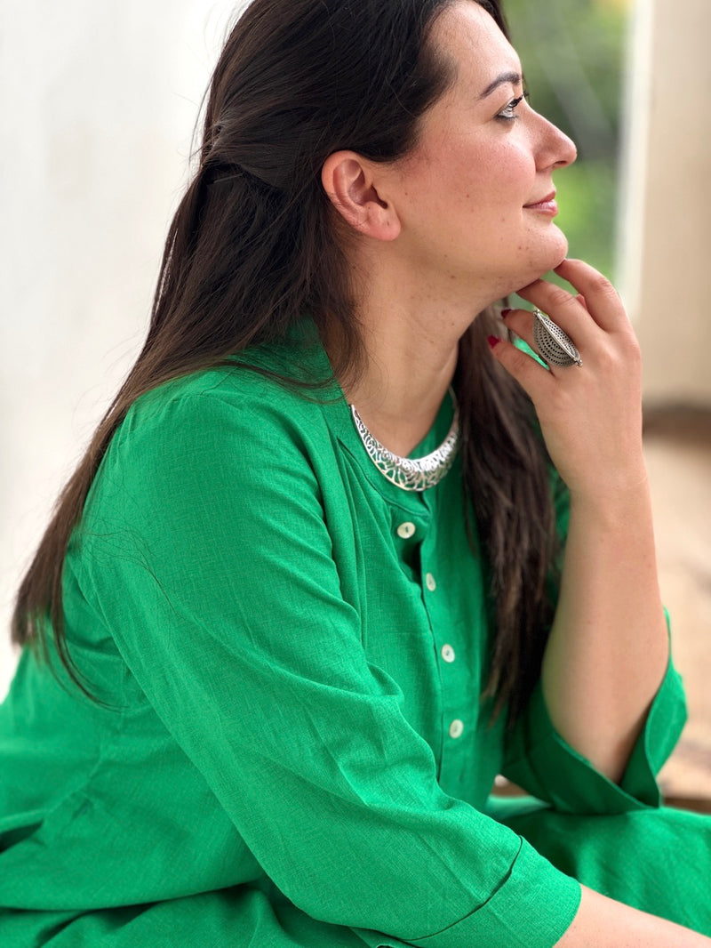 "Alia" - Fresh Green Cotton Kurta with White Pant Set