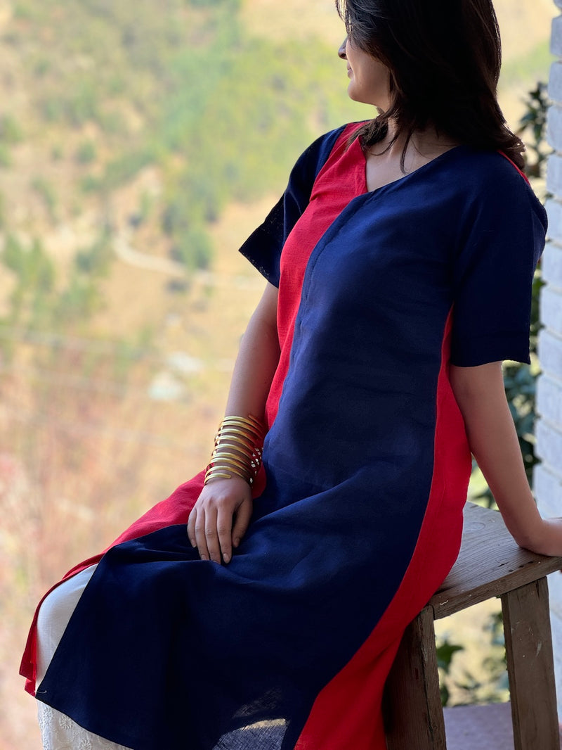 "Sandhya" - Red & Navy Asymmetrical Color Block Kurta Set