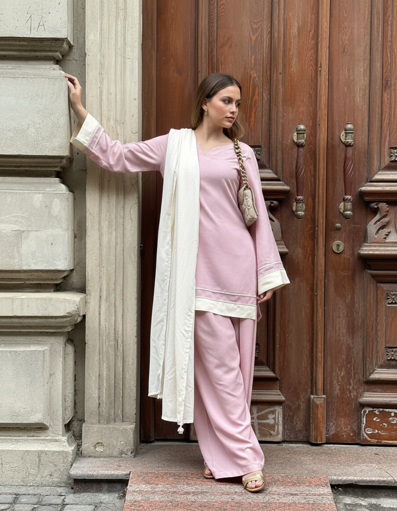 "Gulab" – Mauve Pink Premium Rayon Co-ord Set with Cream Lace Details