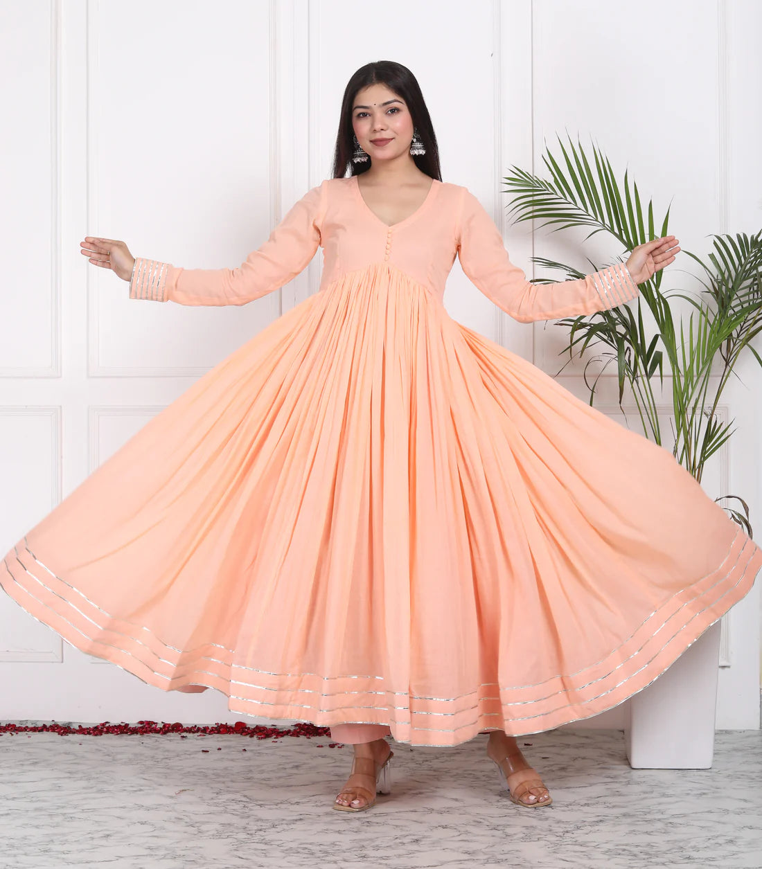 "Utsav" - Mal Cotton Full Flare Anarkali Suit Set with Silver Gota