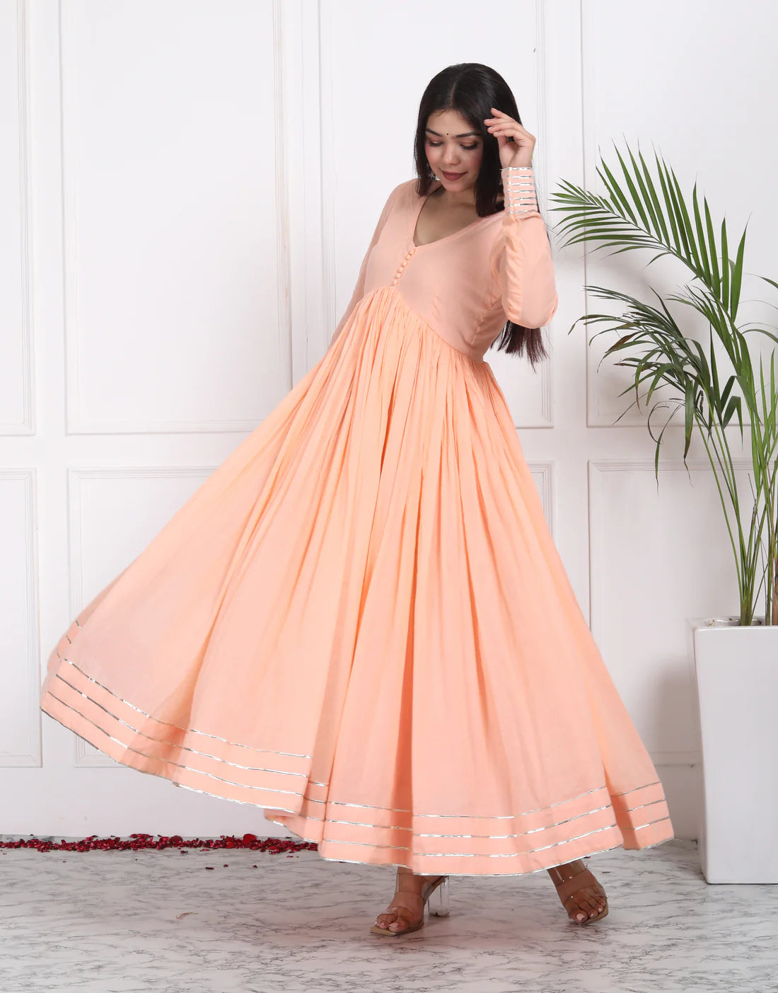 "Utsav" - Mal Cotton Full Flare Anarkali Suit Set with Silver Gota