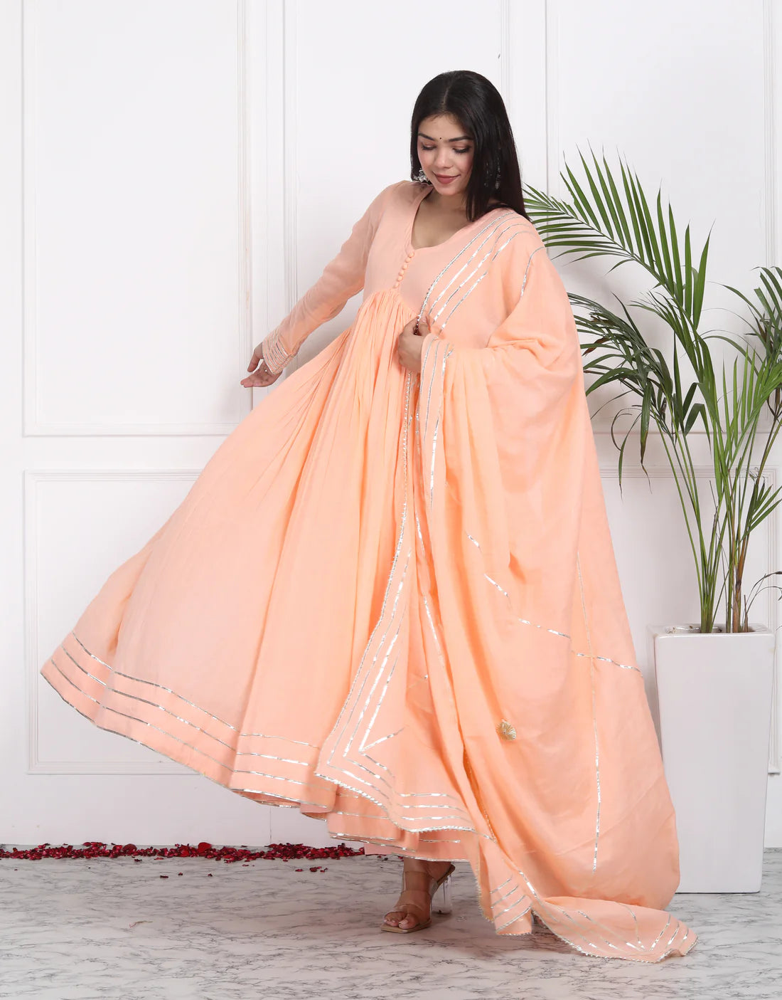 "Utsav" - Mal Cotton Full Flare Anarkali Suit Set with Silver Gota
