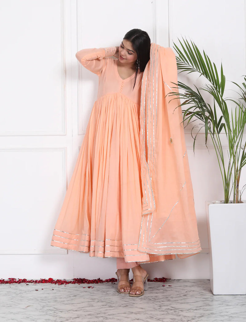 "Utsav" - Mal Cotton Full Flare Anarkali Suit Set with Silver Gota