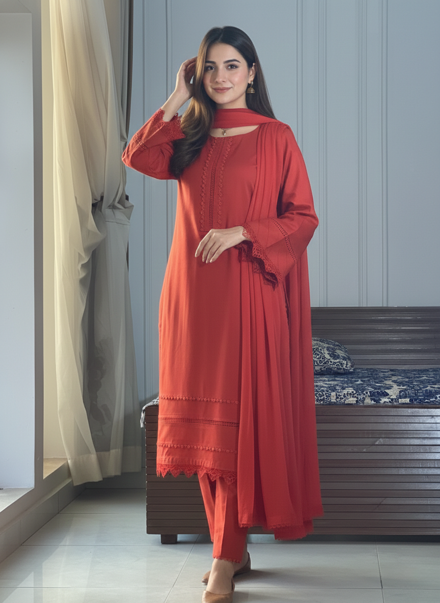 "Seher" — Crimson Red Cotton Dobby Monochromatic Suit Set
