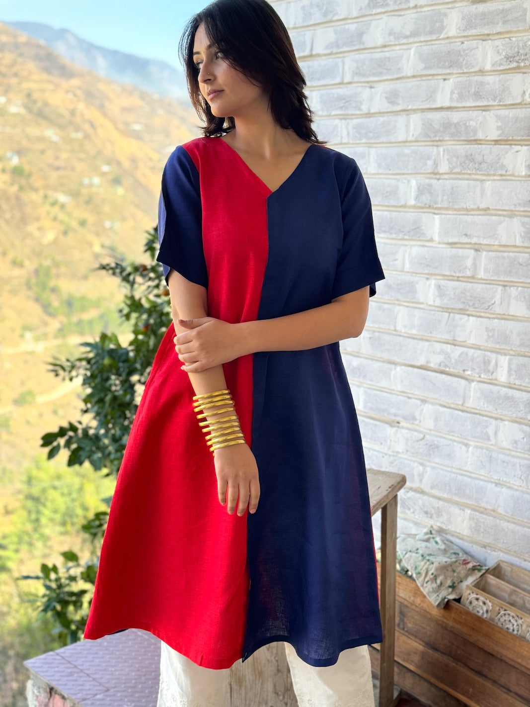 "Sandhya" - Red & Navy Asymmetrical Color Block Kurta Set