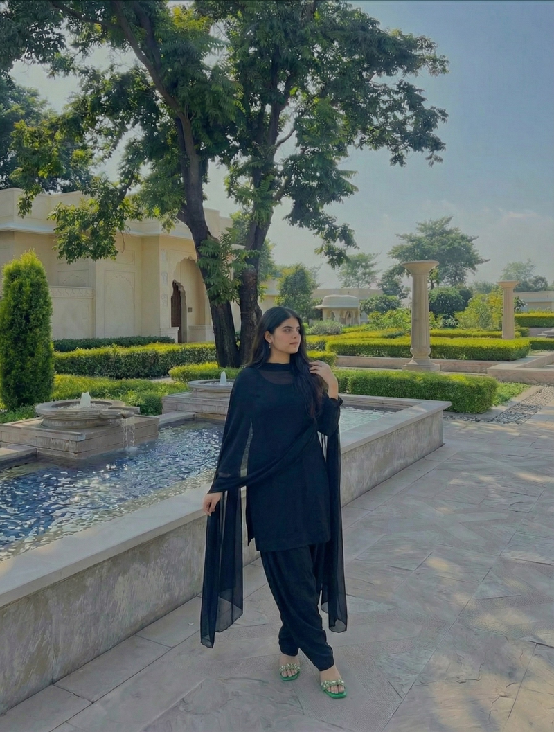 "TAMASI" – Classic Black Georgette Kurta, Churidar, & Dupatta Set