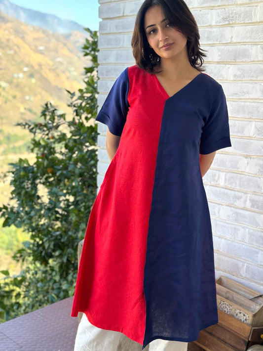 "Sandhya" - Red & Navy Asymmetrical Color Block Kurta Set