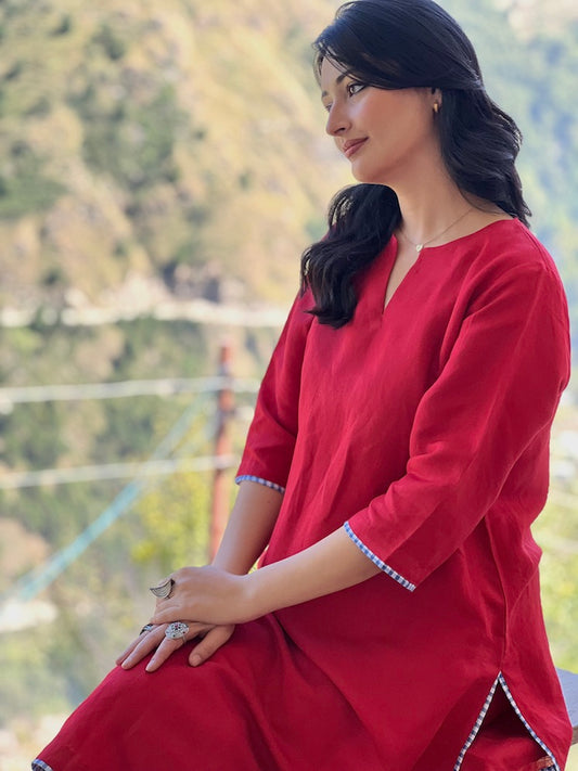 "Roshni" - Bold Red Cotton Kurta Set with Gingham Piping