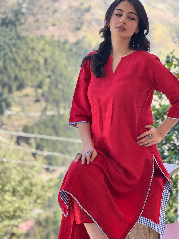 "Roshni" - Bold Red Cotton Kurta Set with Gingham Piping