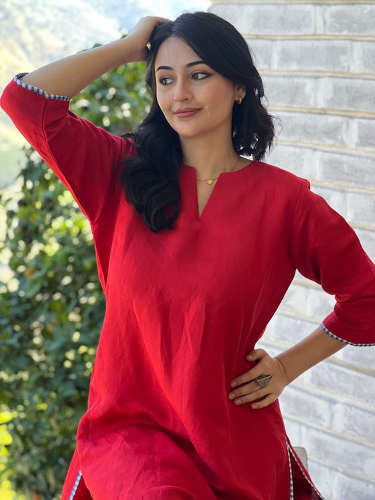 "Roshni" - Bold Red Cotton Kurta Set with Gingham Piping