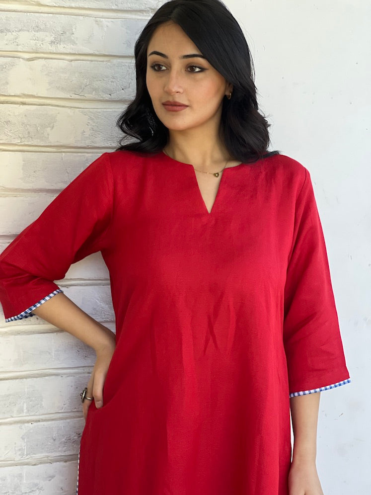 "Roshni" - Bold Red Cotton Kurta Set with Gingham Piping