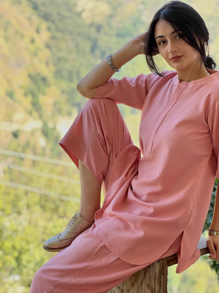 "Saanjh" - Onion Pink Relaxed Fit Cotton Co-ord Set