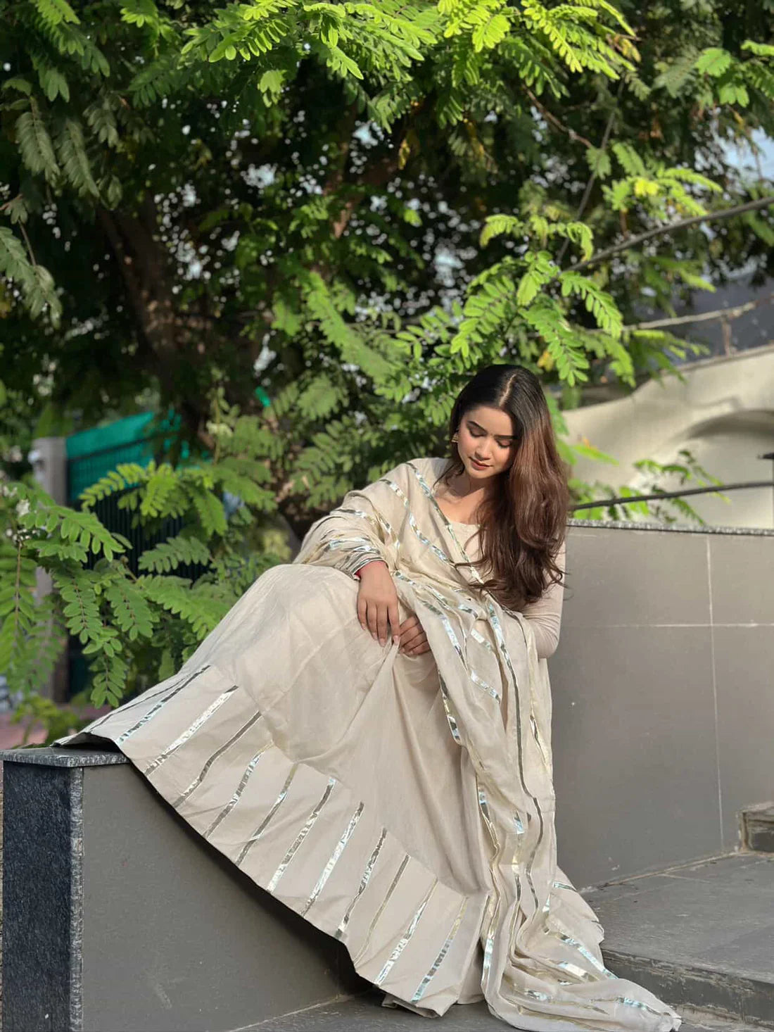 "Nritya" - Mal Cotton Full Flare Anarkali Suit Set with Gota Dupatta