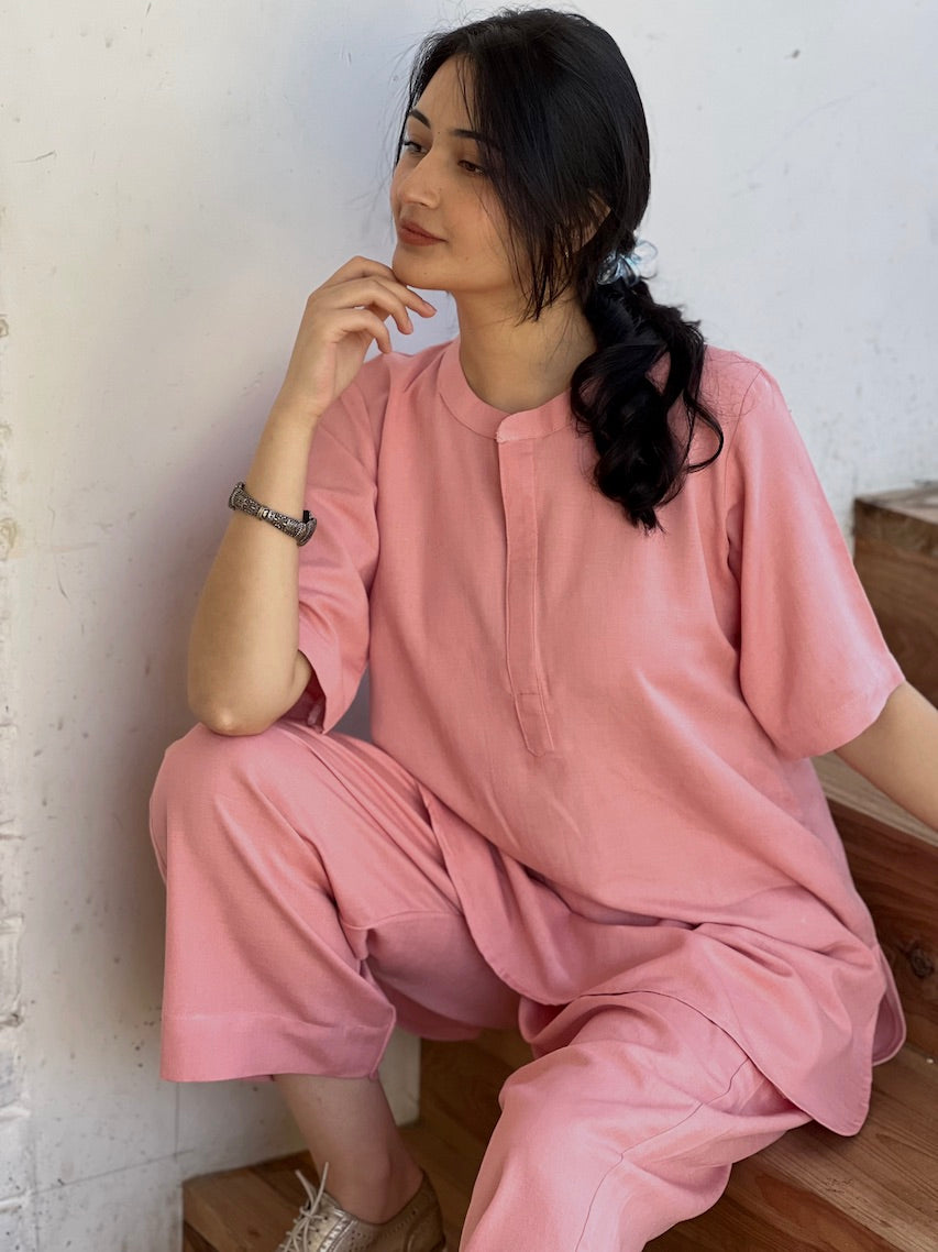 "Saanjh" - Onion Pink Relaxed Fit Cotton Co-ord Set