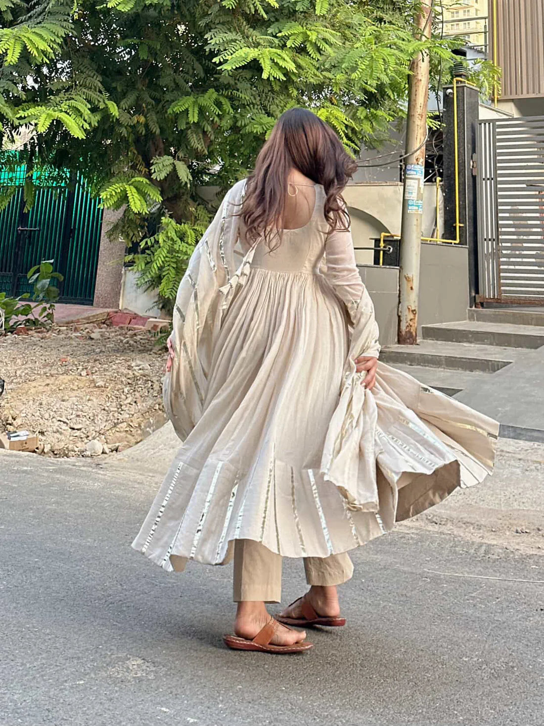 "Nritya" - Mal Cotton Full Flare Anarkali Suit Set with Gota Dupatta