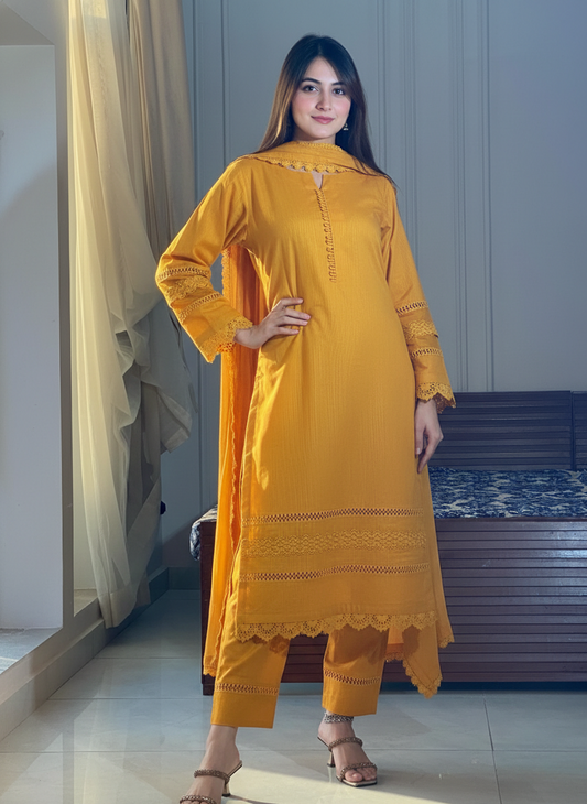 "Miraya" — Mustard Yellow Cotton Dobby Textured Suit Set