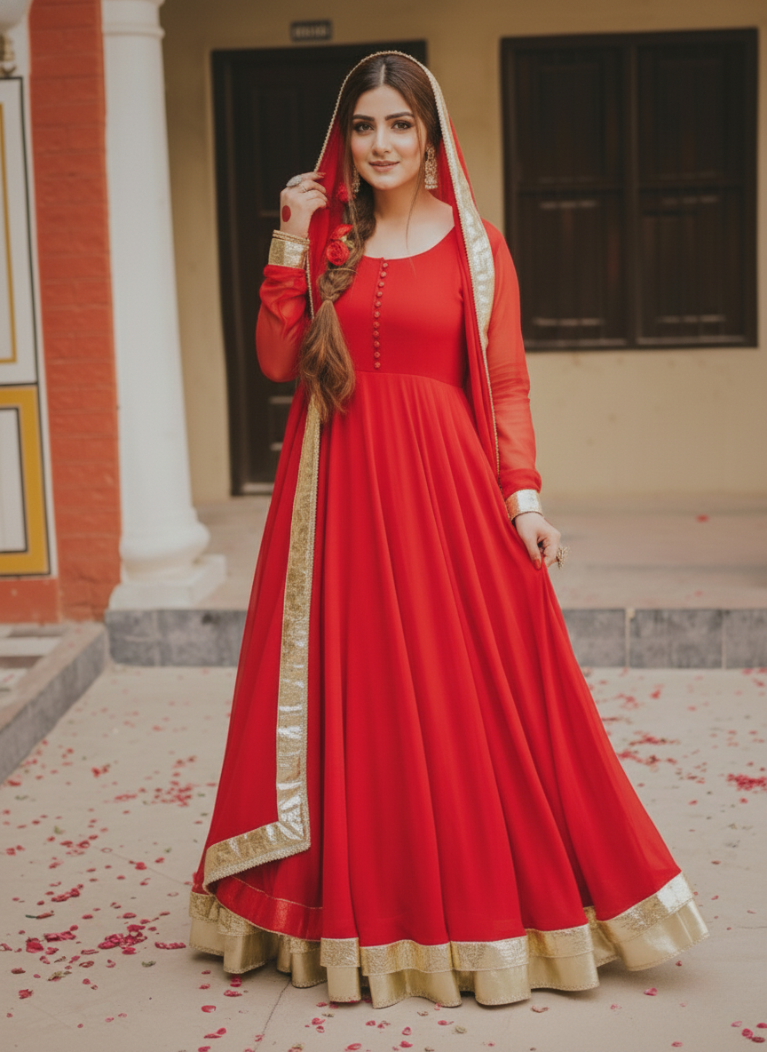 "Arushi" - Red Georgette Full Flare Anarkali Suit Set with Gold Gota