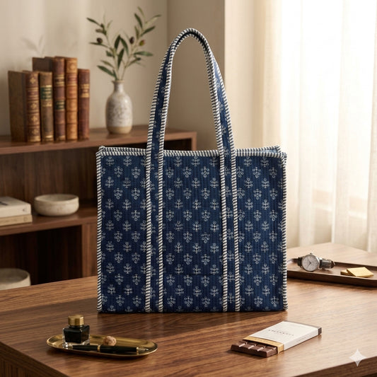 Blue patterned tote bag on a wooden surface with books and decor in the background