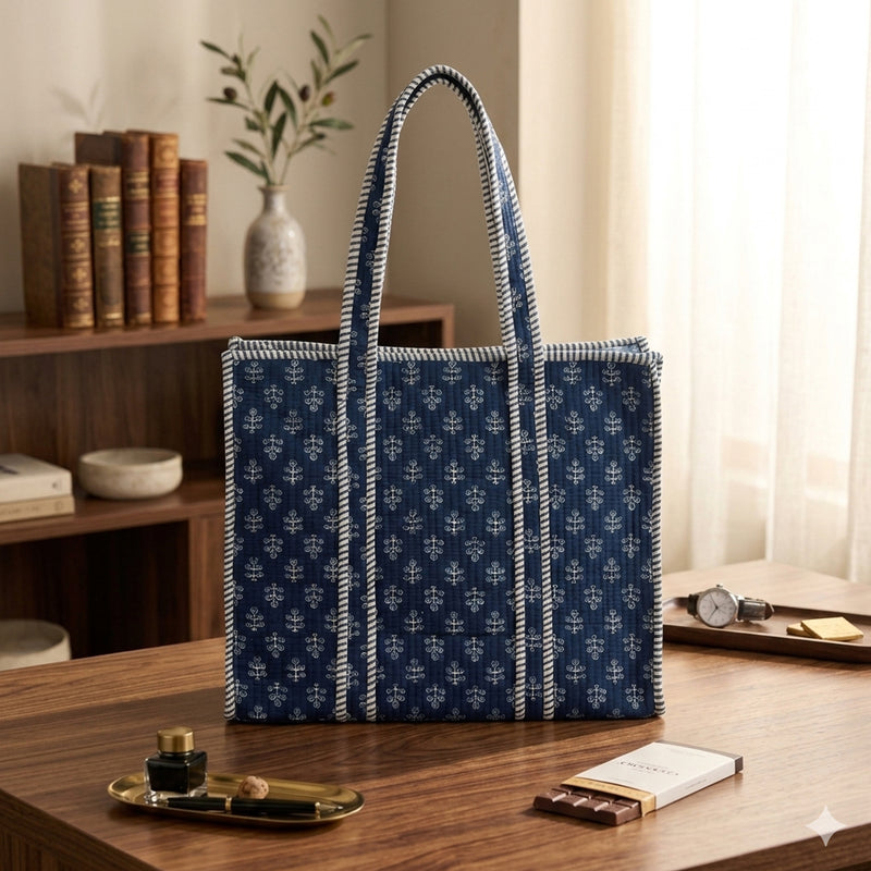Blue patterned tote bag on a wooden surface with books and decor in the background