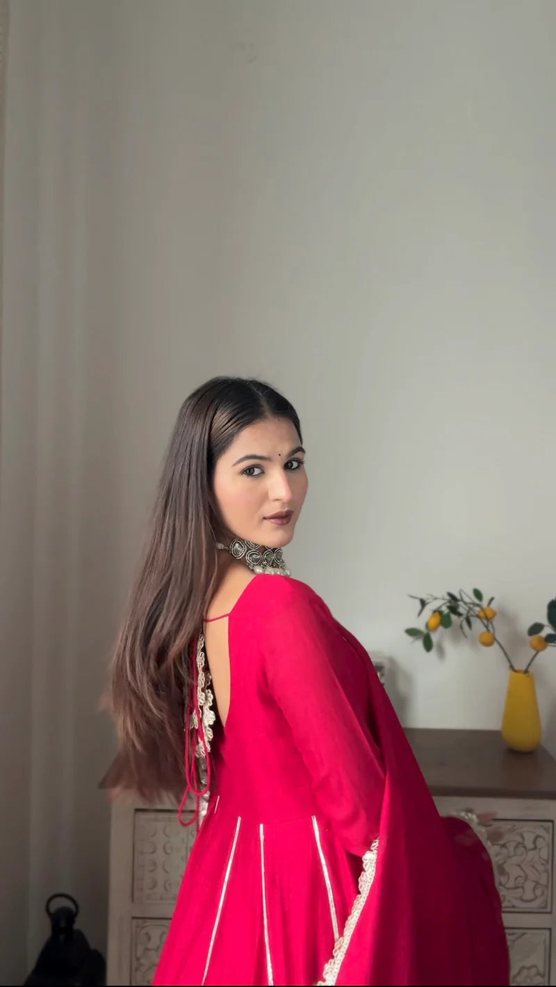 "Jyotsna" - Vibrant Red Full Flare Anarkali Suit Set with Gold Gota