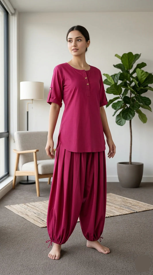 A woman stands barefoot in a bright room wearing a matching two-piece outfit with a short-sleeve tunic top and loose harem-style pants in a deep magenta color.