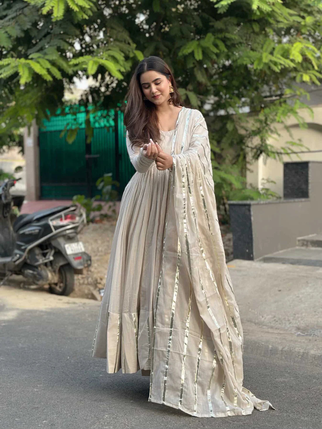 "Nritya" - Mal Cotton Full Flare Anarkali Suit Set with Gota Dupatta