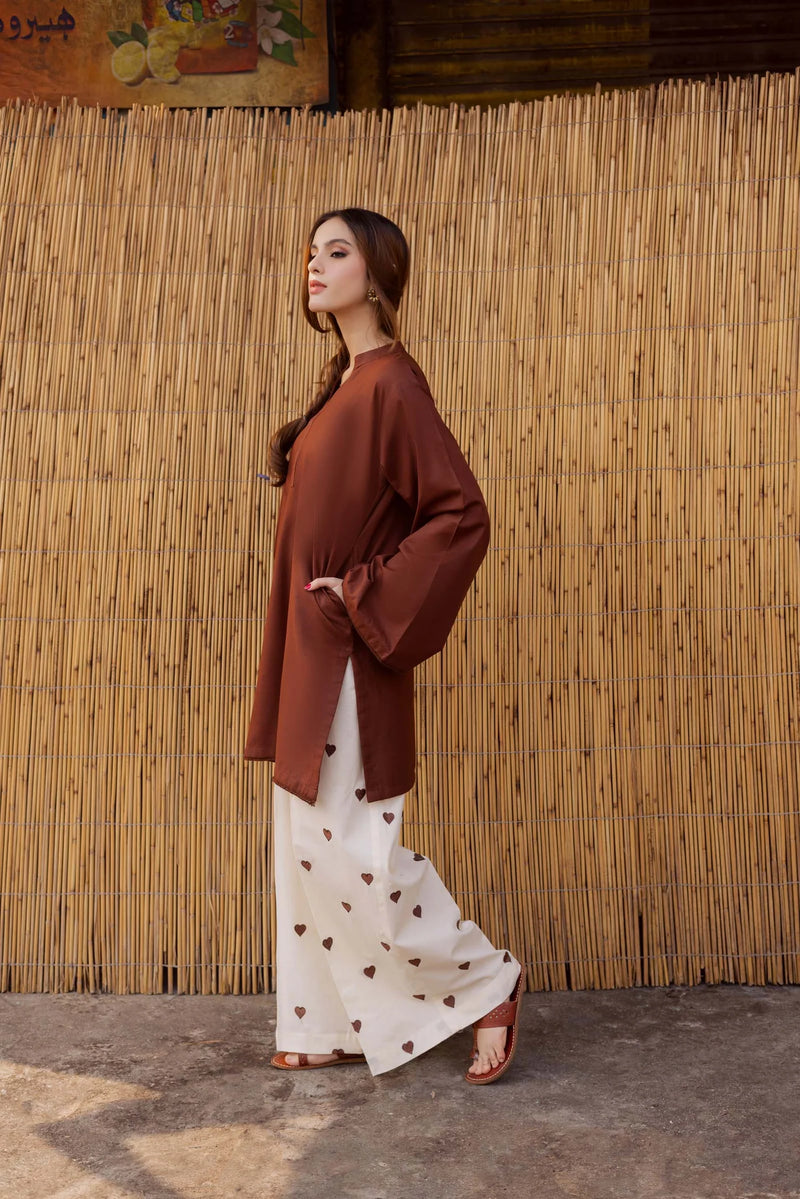 "Hridaya" - Rust Earth Rayon Tunic & Heart-Motif Palazzo Set